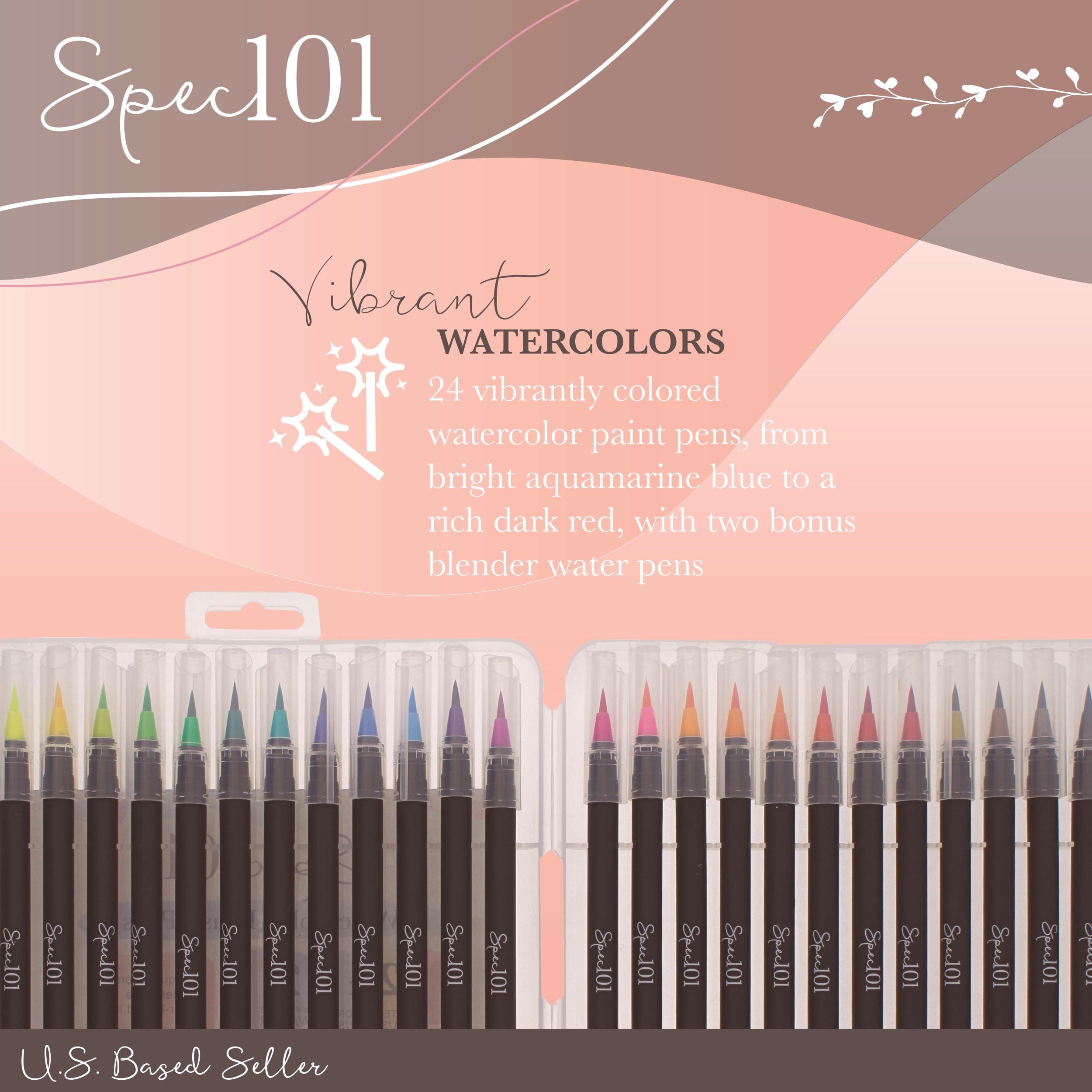 Spec101 Watercolor Pens Brush Set - 24 Watercolor Brush Markers and 2 Blend Pens