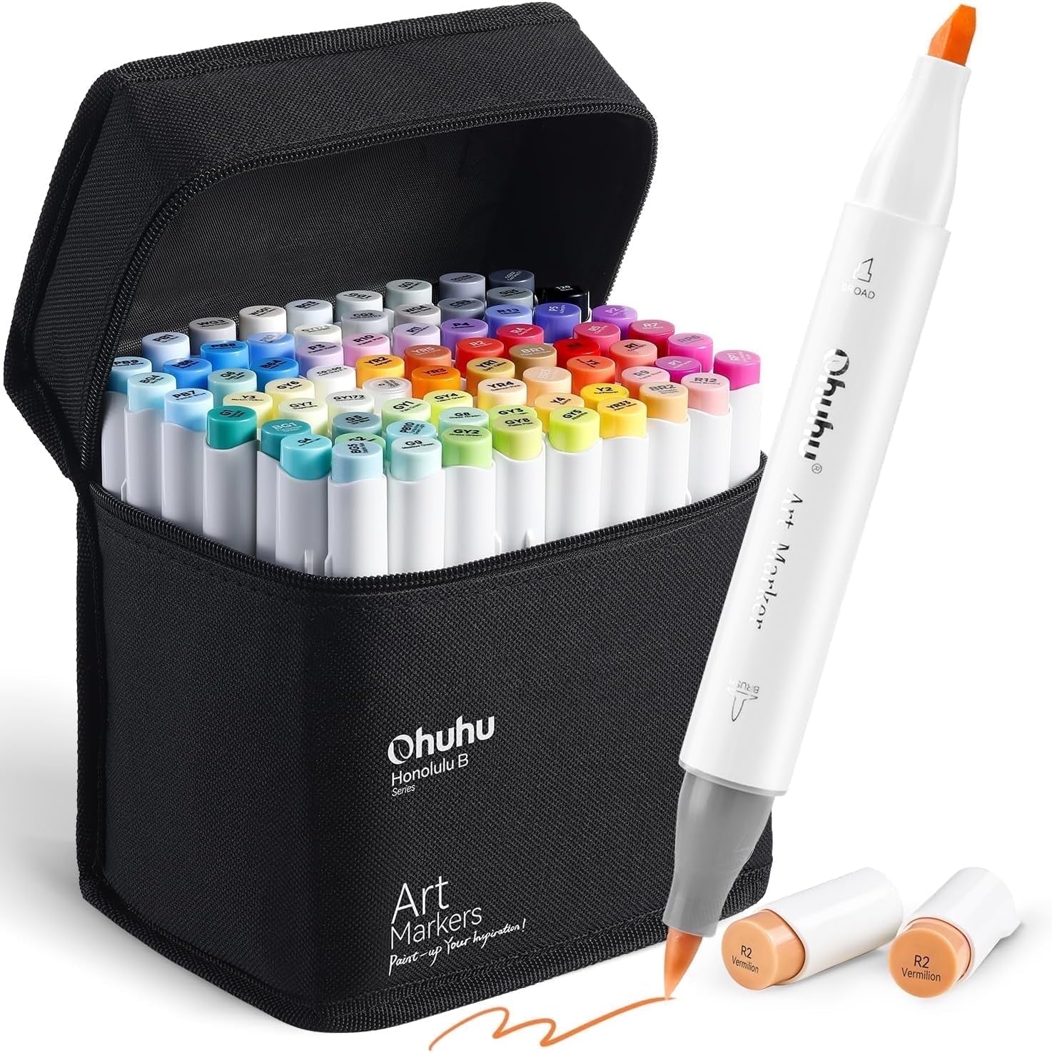 Ohuhu Alcohol Markers 72 Colors, Double Tipped (Chisel & Brush), Sketch Marker Set with 1 Blender for Artists & Adult Coloring